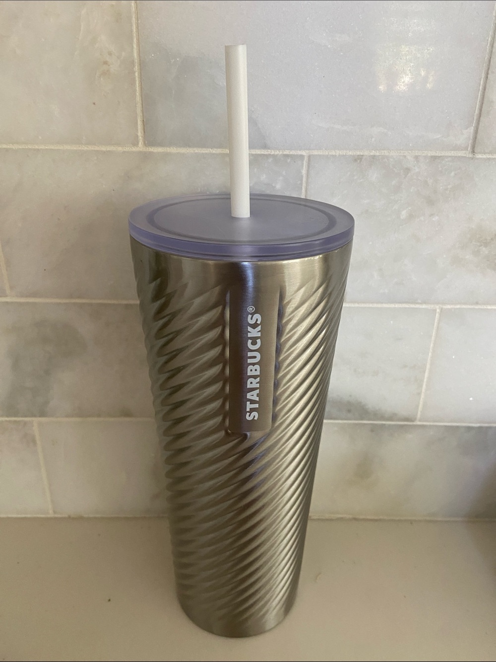 Starbucks Silver Tumbler with Lavender Lid and White Straw